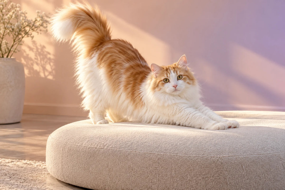 Gato blanco y naranja estirándose sobre una plataforma de tela marfil