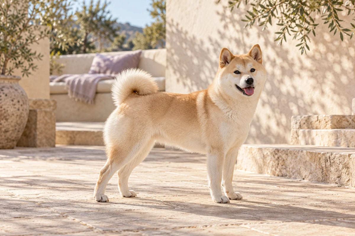 Perro shiba inu en una terraza luminosa con tonos marfil